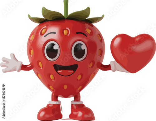 A cheerful strawberry mascot with a heart, perfect for designs related to love, food, or Valentine's Day promotions and general happiness.