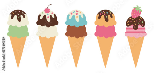 Collection of five delicious ice cream cones with various toppings and flavors
