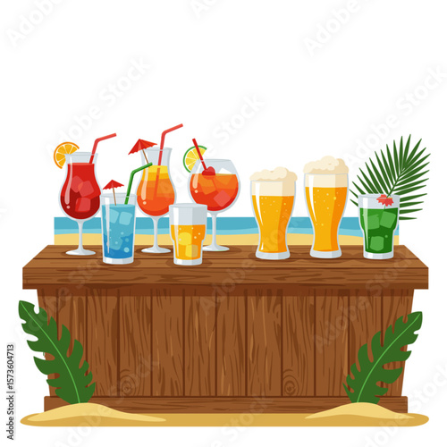 bar with alcoholic drinks by the sea, minimalist vector illustration on transparent background

