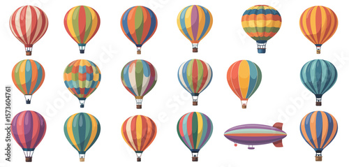 Collection of colorful hot air balloons and a dirigible on a white background