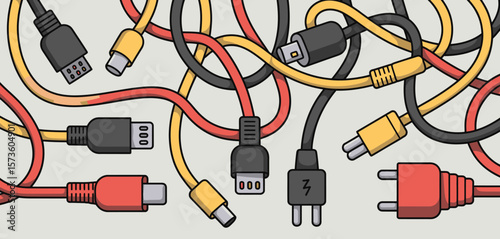 A tangled mess of colorful electronic cables and connectors on a light background