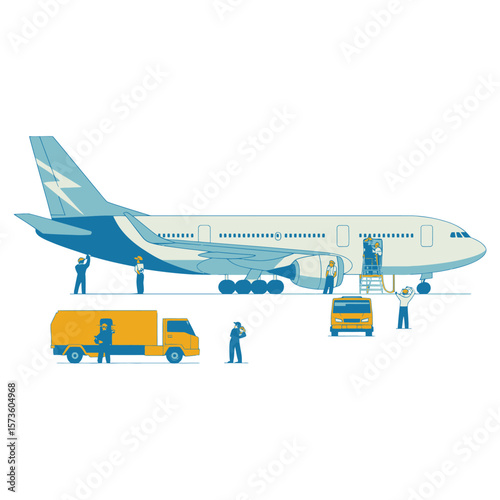 Airport ground crew and vehicles servicing a commercial airplane on the tarmac