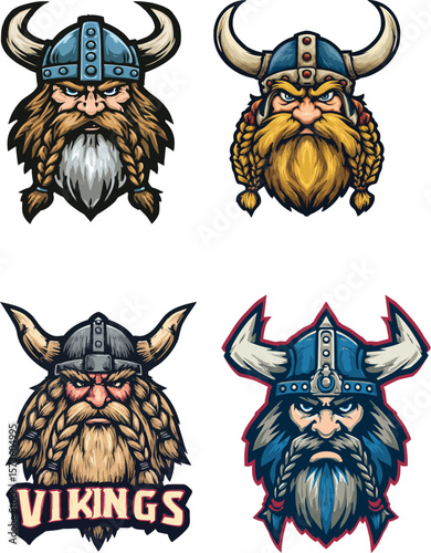 set of Fierce Viking warrior with horned helmet and braided beard lends an aggressive touch to mascot logos and themed design projects.