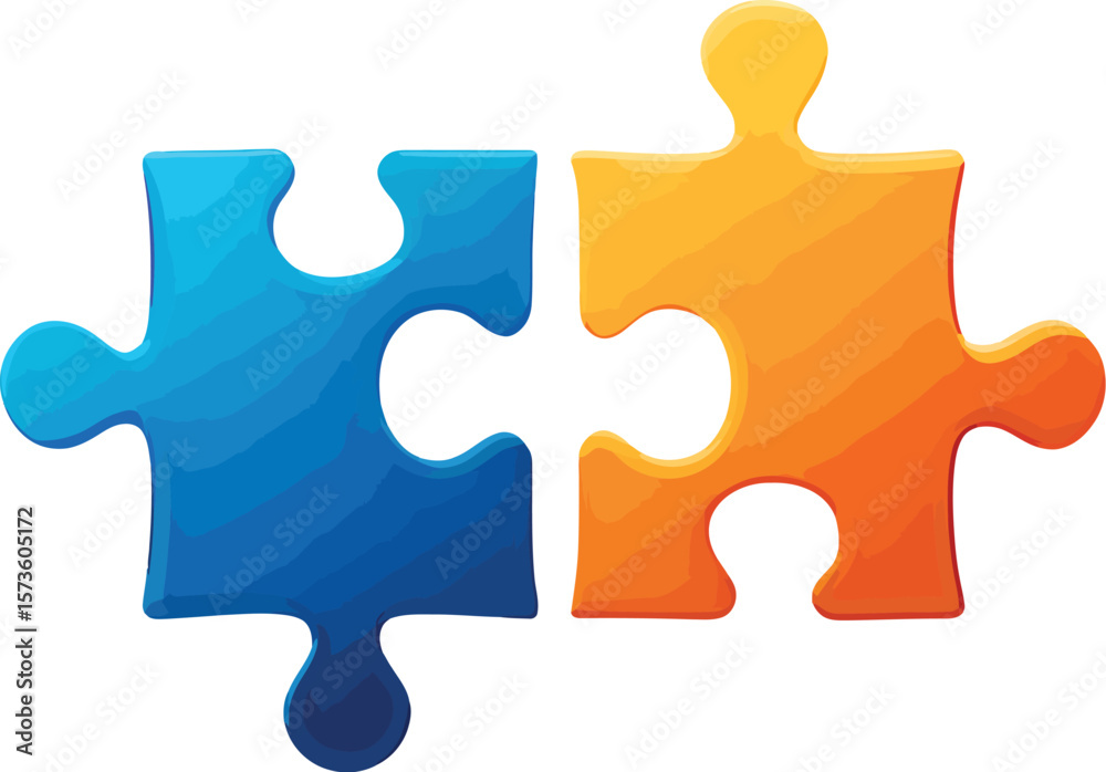 Obraz premium Two colorful jigsaw pieces connect forming a symbol of integration, unity, and partnership, useful for diverse concepts in different backgrounds.