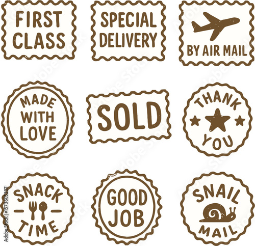 Cute hand-drawn style stamp icons feature messages like special delivery, first class, snail mail, and made with love for unique designs.