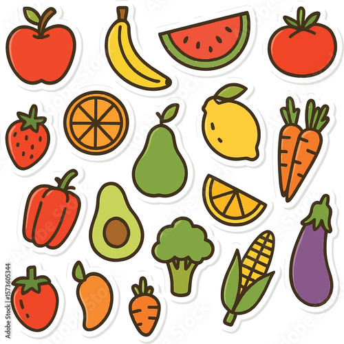 Fresh fruits and vegetables graphic art, a vibrant design showcasing healthy food options for nutrition-related projects and dietary themes.