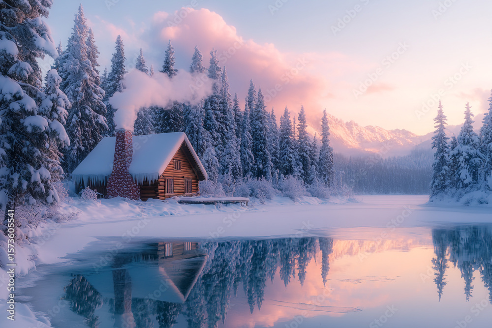 Fototapeta premium Snowy Morning Serenity at a Remote Lakeside Cabin