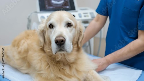 A veterinarian scanning a dog with an ultrasound machine in a diagnostic room showcasing pet ultrasound care.