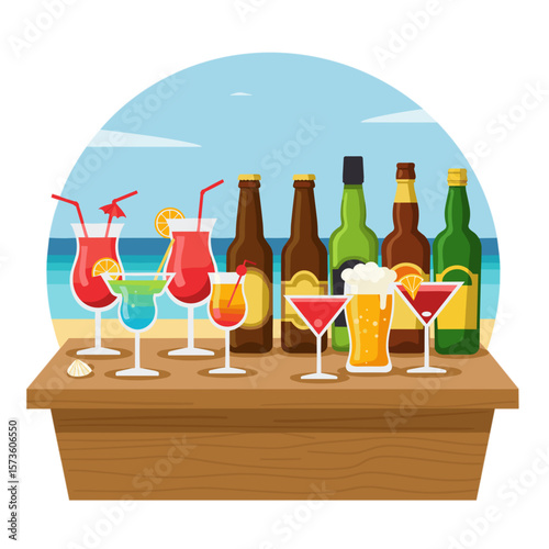 modern illustration of a beach bar with various alcoholic drinks — beer, cocktails, soft drinks

