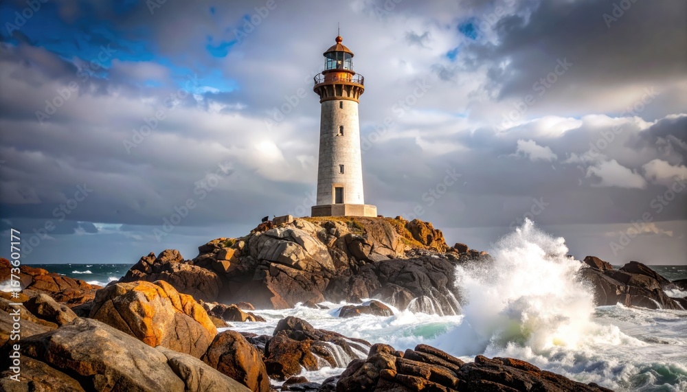 Lighthouse on a rocky coast, dramatic seas Lighthouse on a rocky coast, dramatic seas