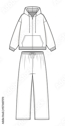 Basic zip up Hoodie and Sweatpants Set Technical Fashion Flats. Matching hoodie and Pants Loungewear Vector Template. Front design. Relaxed Fit. Unisex Casual Set. CAD Mockup set.