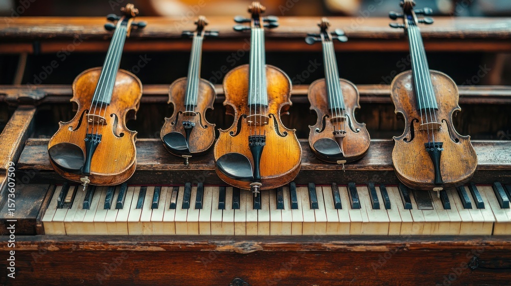 Naklejka premium orchestral harmony a symphony of violins resting on vintage piano keys evoking a timeless elegance and the captivating allure of musical heritage displayed with refined aesthetics