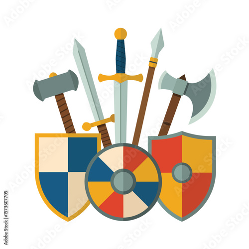 Medieval Weapons and Shields Flat Design Illustration