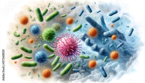 Artistic Visualization of Common Cold Virus Interacting with Antibiotic-Resistant Bacteria in Soft Watercolor on White
