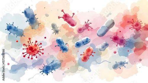 Artistic Visualization of Common Cold Virus Interacting with Antibiotic-Resistant Bacteria in Soft Watercolor on White

