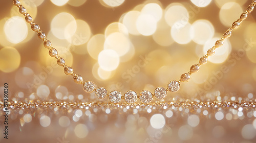 Sparkling diamond tennis necklace elegantly displayed against champagne gold bokeh background, exuding luxury and sophistication
