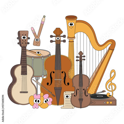 Cute Cartoon Musical Instruments Ensemble