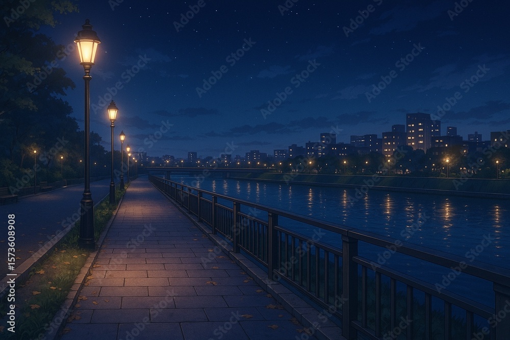 Fototapeta premium 夜の川辺の遊歩道の背景イラスト