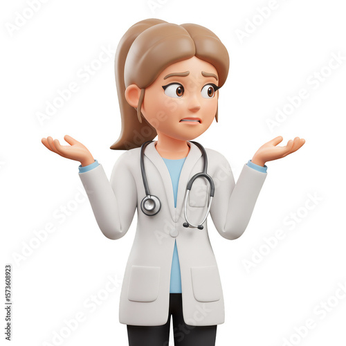 Worried Cartoon Doctor Woman Shrugging with Stethoscope on Transparent