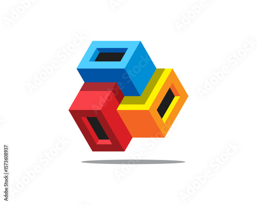 colorful shaded flat 3D 3 Wireframe Hollow Block