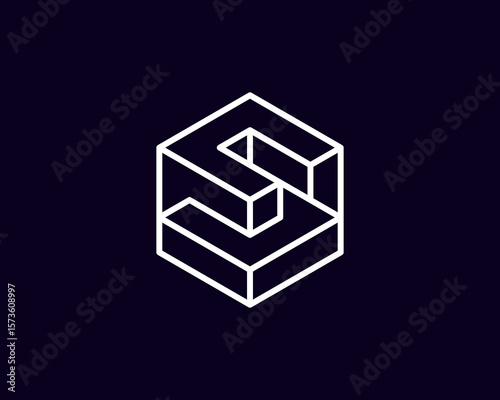 wireframe structure of 3D initial Letter A U N S Hexagon Logo