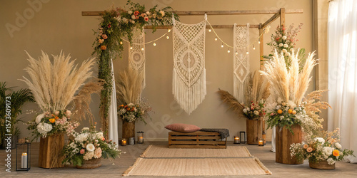 Bohemian wedding studio decorated with pampas grass, wildflowers, macrame hangings, and a warm neutral-toned background, HD, natural light.
