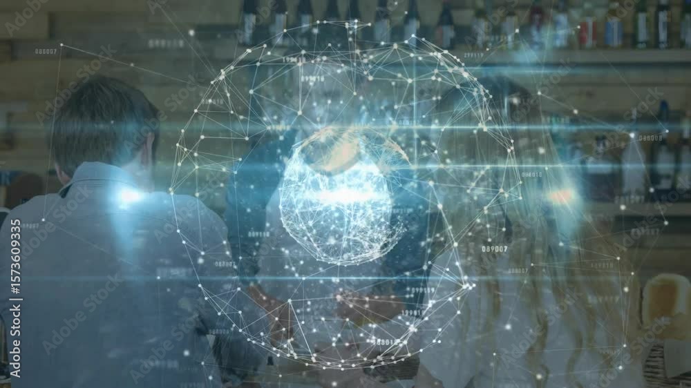 Barista greeting couple and grinding beans at bar for serving espresso with digital sphere rotating