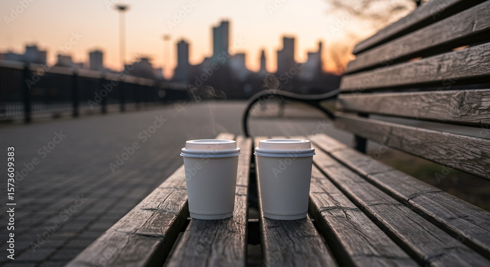 Fototapeta premium Two Takeaway Coffee Cups in Morning City Street Scene