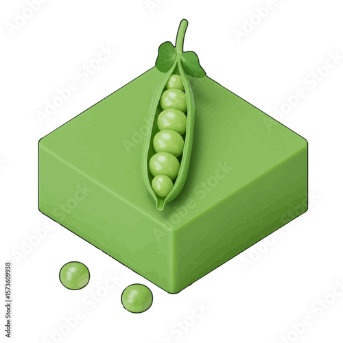 Green Pea Pod on Cube, Isometric 3D Rendering Illustration