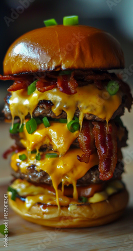 A high-resolution photo of a huge, towering double cheeseburger filled with crispy bacon and fresh green onions. photo