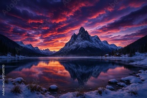 Fototapeta Naklejka Na Ścianę i Meble -  A dramatic winter sunset over snowy peaks reflected in a still lake, with cozy cabins and vivid red-purple clouds filling the sky.