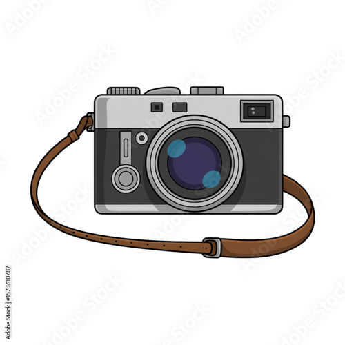 Retro Film Photo Camera with Strap Cartoon Illustration for Travel, Adventure, Vacation, Wanderlust, Creative Lifestyle, Hiking, Sightseeing, Vintage Hobby, Freedom, and Outdoor Exploration