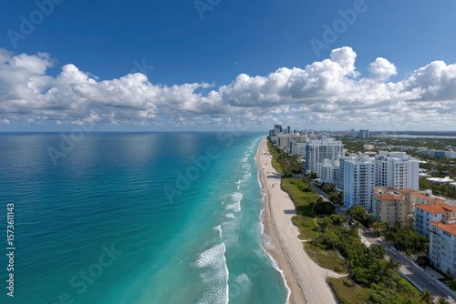 Coastal cityscape turquoise water white buildings sandy beach under a blue sky