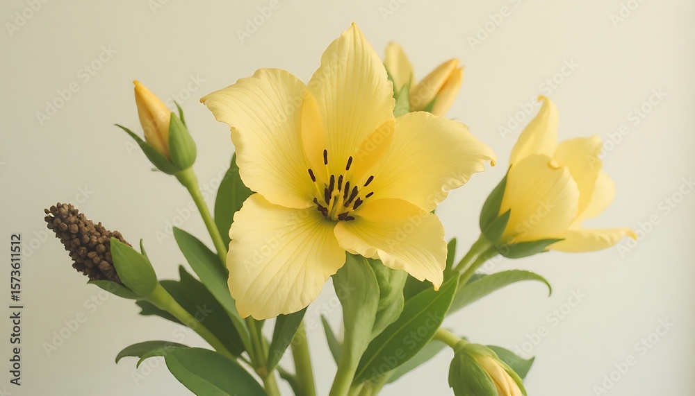 Obraz premium Yellow Alstroemeria flower with buds and green leaves. No people.