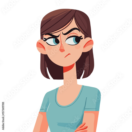 Cartoon of a suspicious female character with sharp eyes in a white background