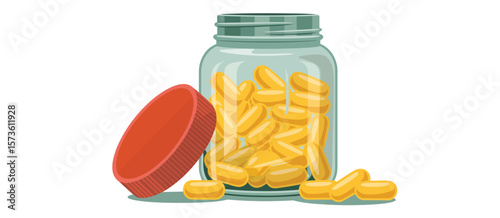 Clear glass jar filled with yellow oval capsules and red lid nearby