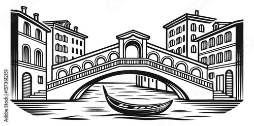 Vintage Venice Canal Illustration in Woodcut Style