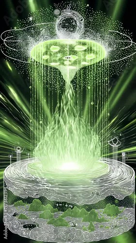 Abstract future science technology with powerful green energy. mysterious vortex machine showing liquid light fusion power