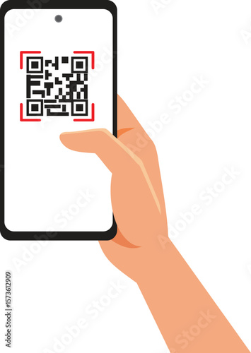 Hand Holding a Phone Scanning QR Code Vector Cartoon. person using a fast paying method using a qr scanned code 
