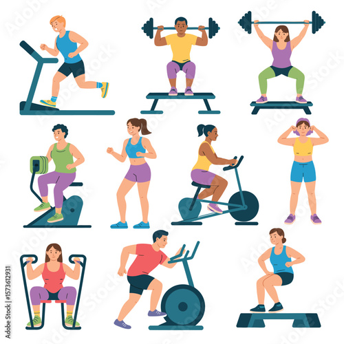 Diverse group of people exercising with gym equipment and bodyweight exercises