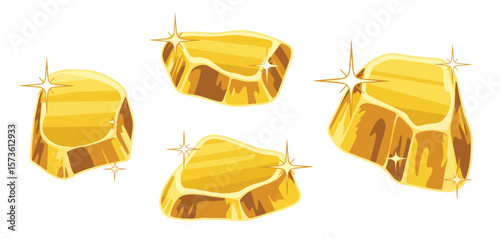 Four glittering golden nuggets with sparkling highlights on a white background