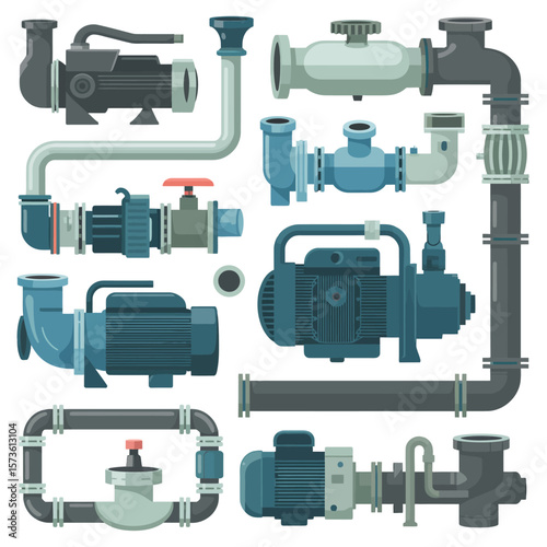 Collection of various industrial water pumps and plumbing pipe systems
