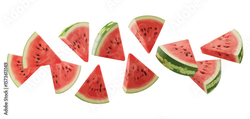 Fresh slices of watermelon scattered on a white background