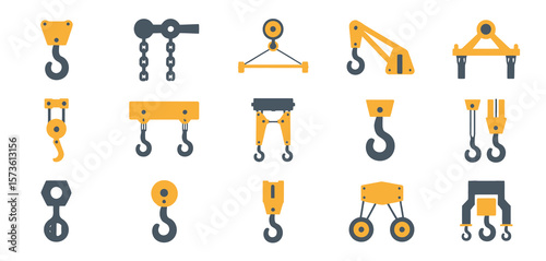 Collection of various crane hooks and lifting equipment icons for industry and construction