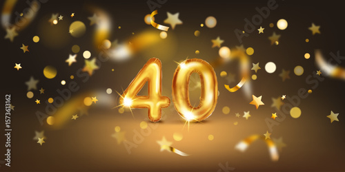 Golden balloon in the shape of the number 40, set against a dark background filled with soft bokeh lights and scattered golden stars and ribbons, creating a festive and celebratory atmosphere.