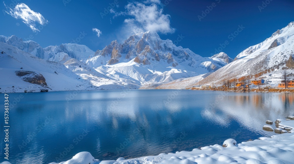 Fototapeta premium Lake reflects snow-covered mountains under a bright blue sky with scattered clouds