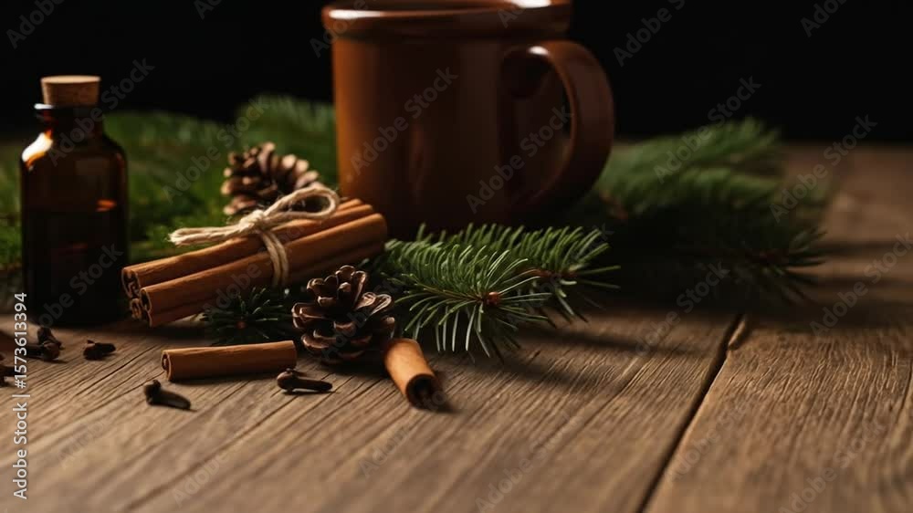 Cozy winter still life with spices and pine Cozy winter still life with spices and pine