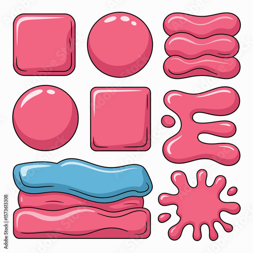 Collection of pink and blue chewing gum shapes and splatters