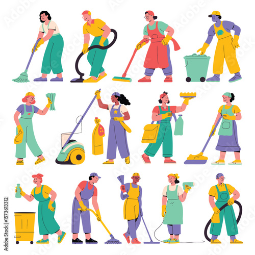 Diverse group of people cleaning with mops vacuum cleaners and spray bottles