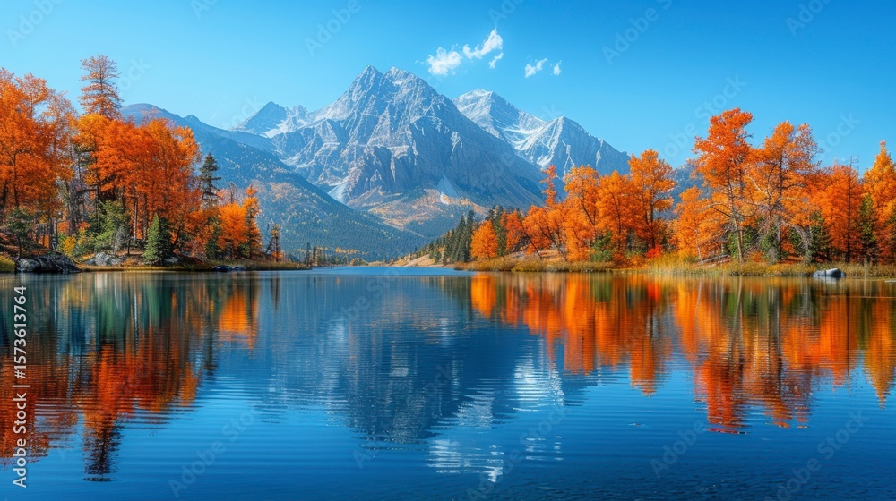 Fototapeta premium Mountain peak reflections in still lake, framed by autumn foliage, clear skies above